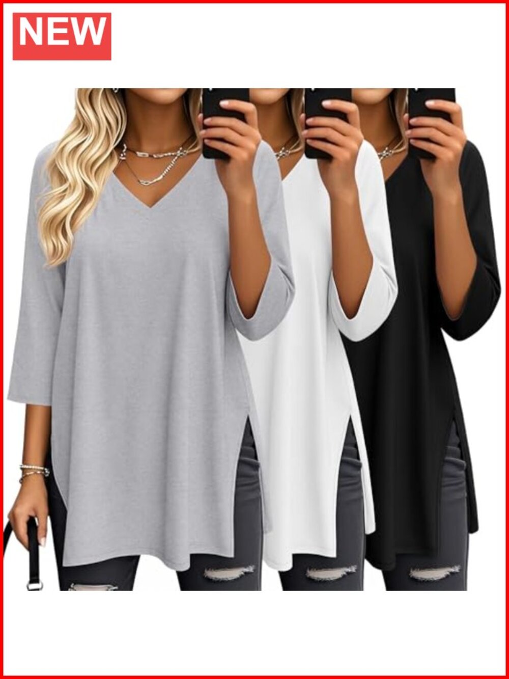 3 Pack Women's 3/4 Sleeve V-Neck T-Shirts Loose Fit Side Slits